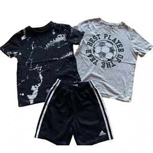 Adidas Black Gray Short Sleeve Soccer Tshirts and Pants Boys Bundle SZ 7 #1206